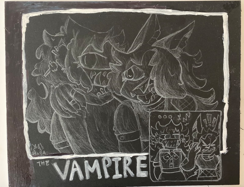 Title: The Vampire, Medium: White pencil and whiteout on black poster board?
Class: Art & Design I 